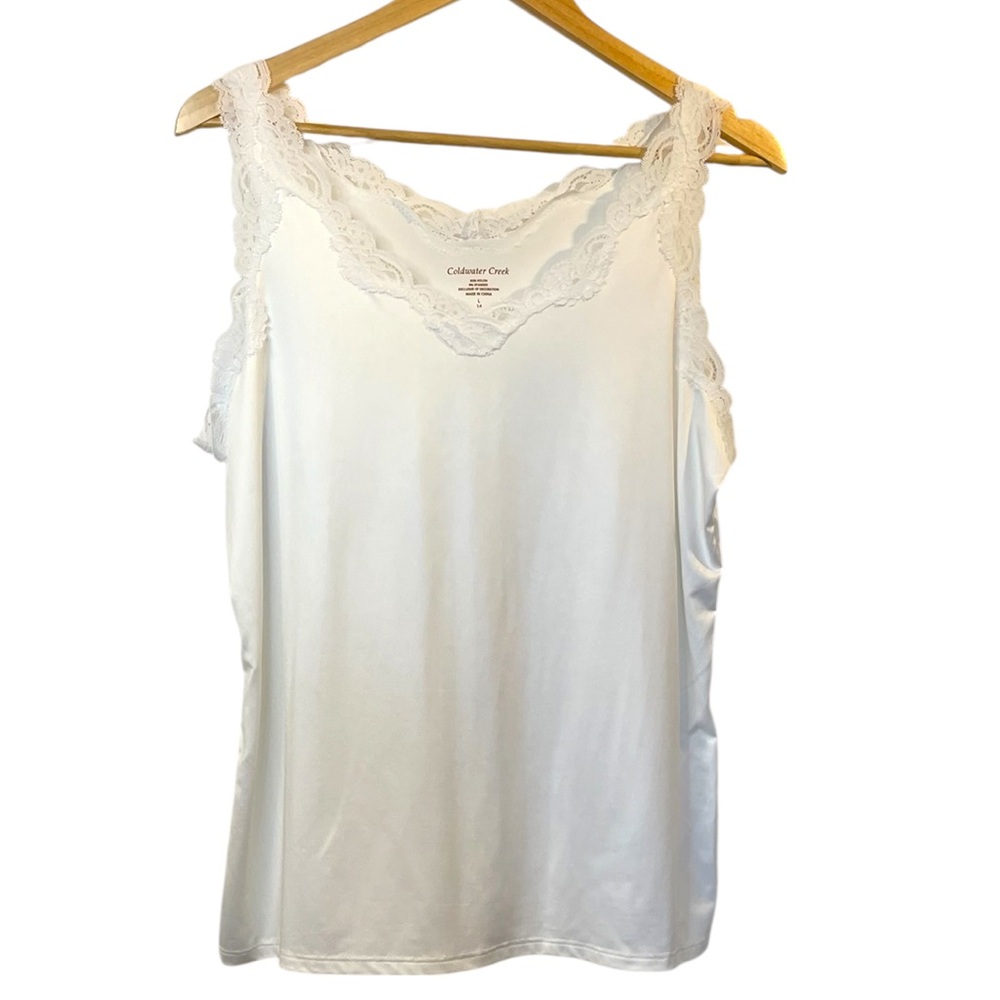 COLDWATER CREEK White Nylon Blend V-Neck Lace Trim Sleeveless Tank Top Large 14